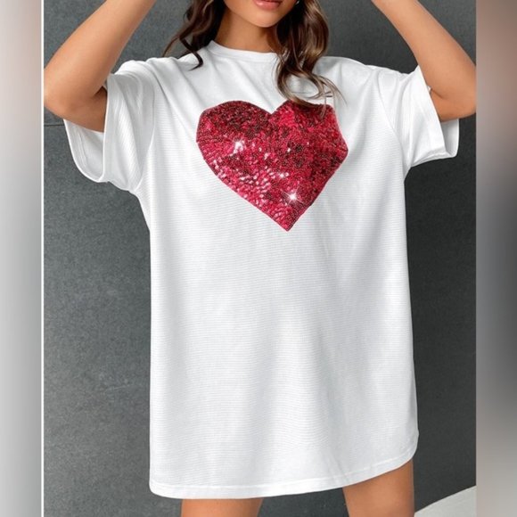 Tops - Oversized Heart Sequin Drop Shoulder Tee